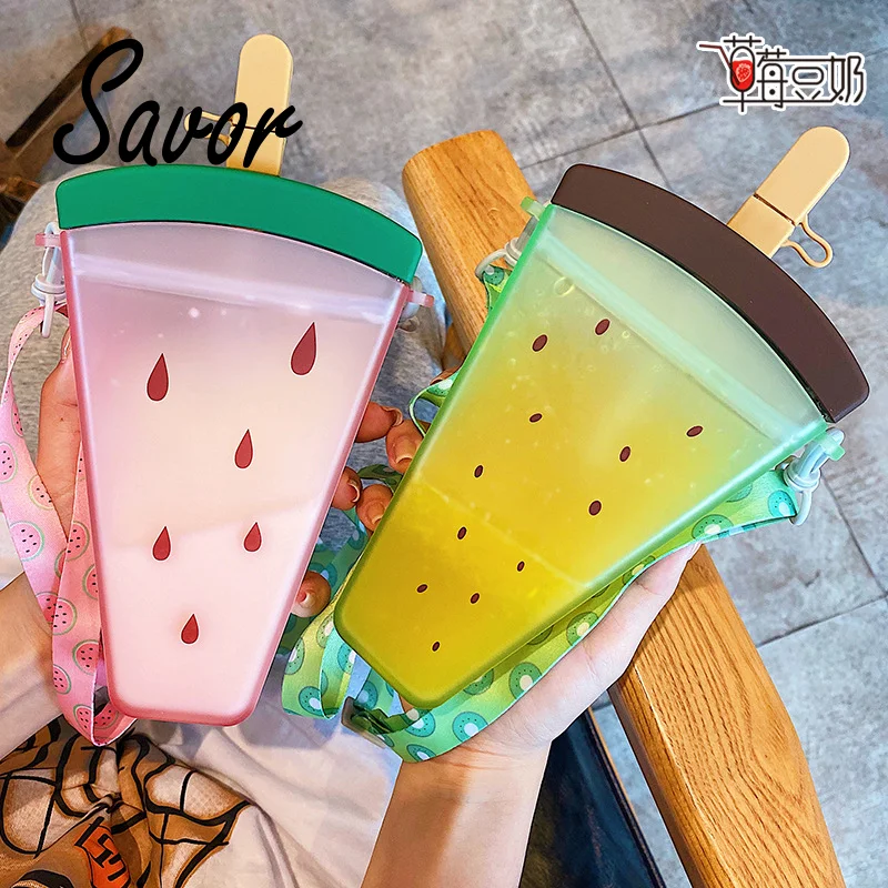 

Cute Plastic Water Bottles Water Bottle For Watermelon Ice Cream With Straw Bottle Portable Popsicle Cup