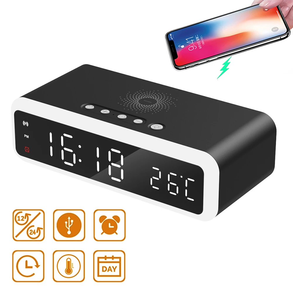 

LED Electric Alarm Clock With Wireless Charger Desktop Digital Despertador Thermometer Clock HD Mirror Clock Watch Table Decor