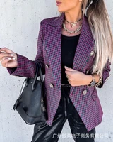 dark purple plaid womens suit jacket office casual work clothes autumn lapel long sleeve double breasted straight jacket