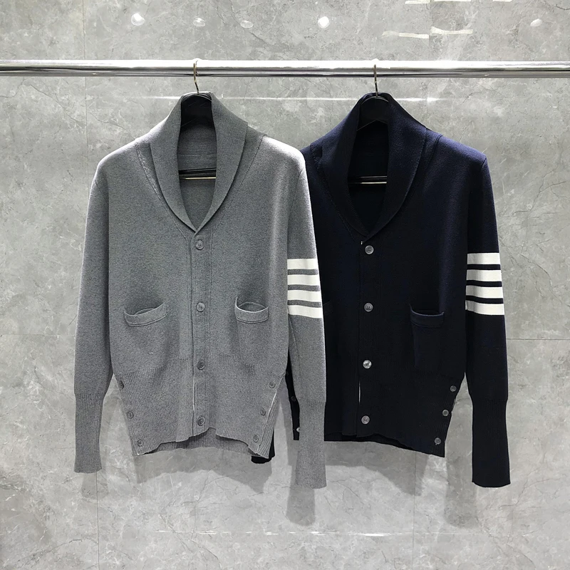 TB THOM Men's Sweater 2022 Winter New Arrival Sweaters White 4-Bar Stripes Polo V-neck Cardigans Casual Harajuku Sweater Male