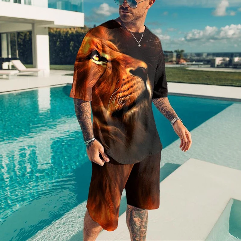 

Summer tshirt shorts 2pcs tracksuit set men's sportswear oversized streetwear animal 3d printed short clothing sets