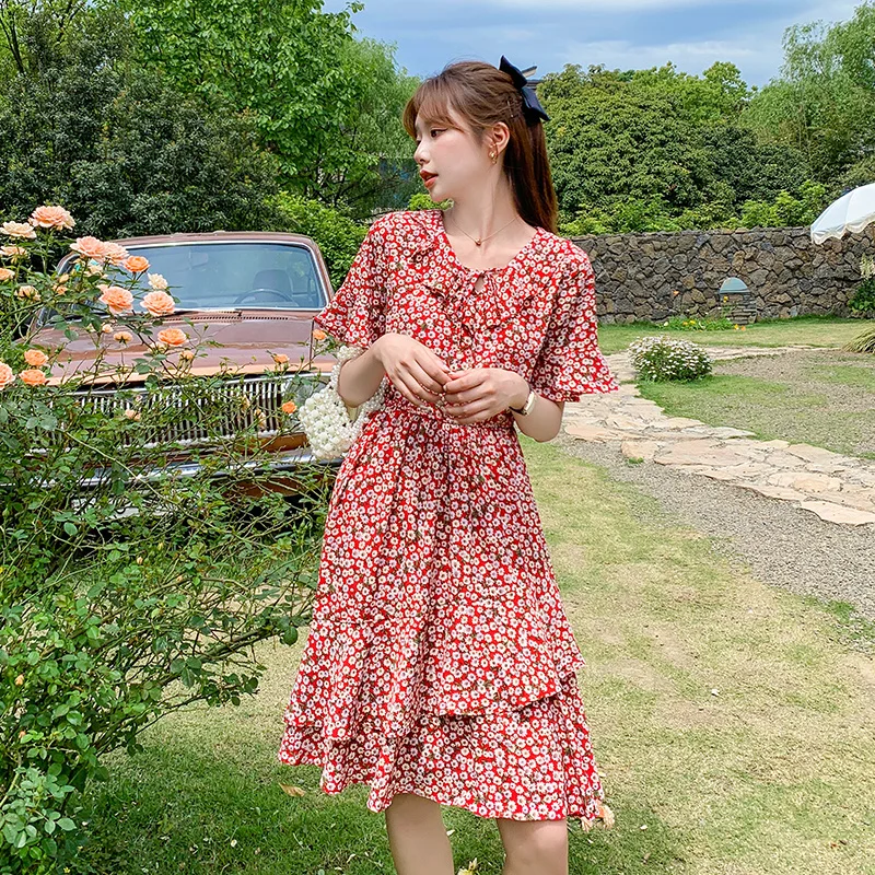 

Broken Flower 2022 Summer Dress Korean Version With Thin Waist Trumpet Sleeve Chiffon Medium And Long Cake Skirt