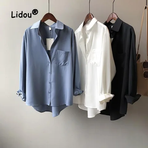 Casual Solid Color Pocket Blouse Women New Classic Long Sleeve Single-breasted Office Polo Collar All-match Lady Shirt 2023