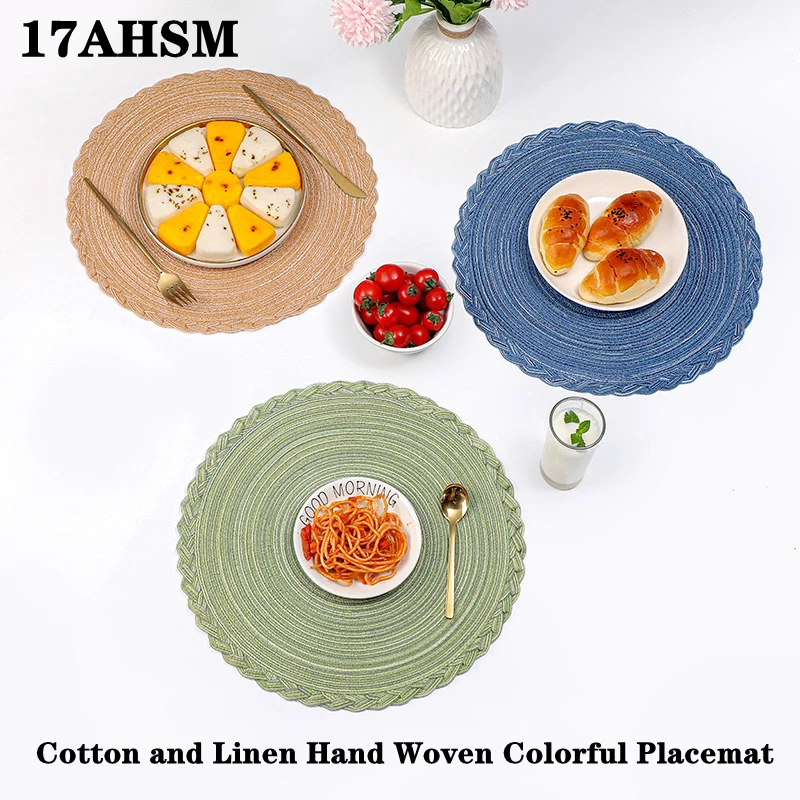 

17AHSM 6/4pcs American Modern Cotton Yarn Woven Round Placemat Washable Heat Resistant Bowls Coffee Cups Coaster Tableware Mat