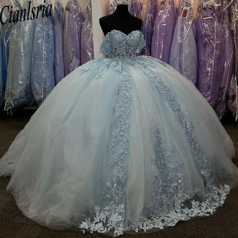 Кружевное бальное платье небесно-голубого цвета милое Quinceanera 2024 с бисером