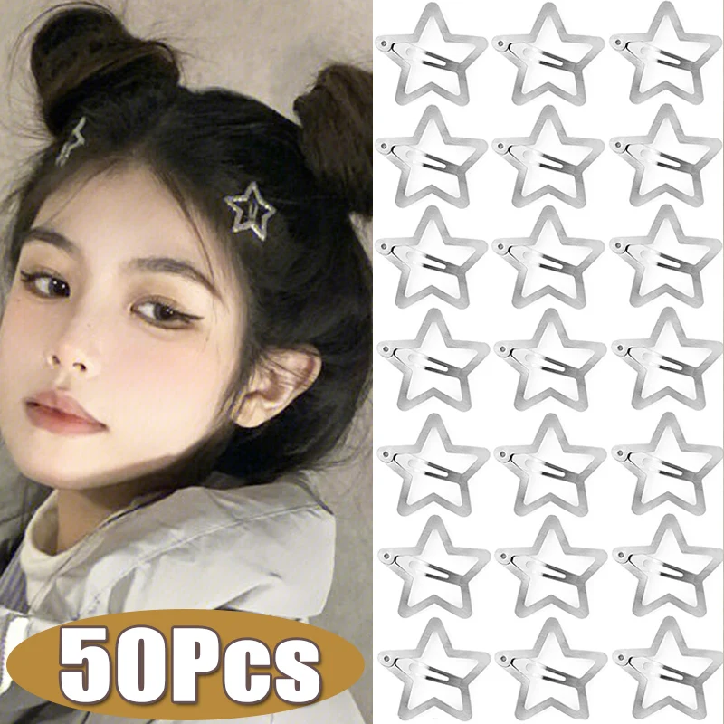 

50Pcs Silver Star Hair Clip Hair Metal Snap Clips Hairpin Barrettes for Girls Kids Pentagram Hair Grip Hair Accessories Headwear