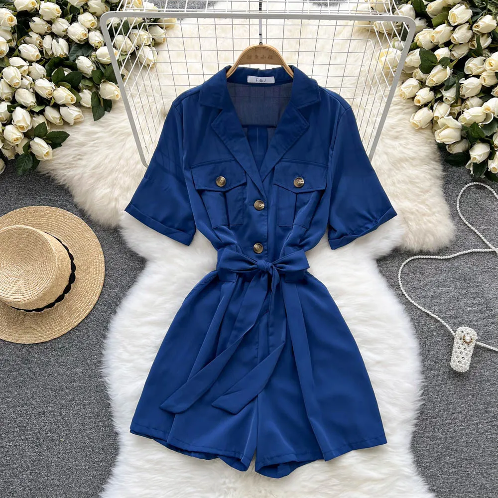 

Women's Summer New Fashion Suit Collar Short Sleeve Jumpsuit Solid Color Wide Leg Playsuits Clothes Ropa Para Mujer G662