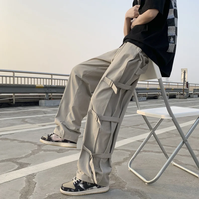 

Брюки-карго мужские с лентами, повседневные Джоггеры в стиле хип-хоп, модная уличная одежда в стиле Харадзюку, черные/серые, 2022
