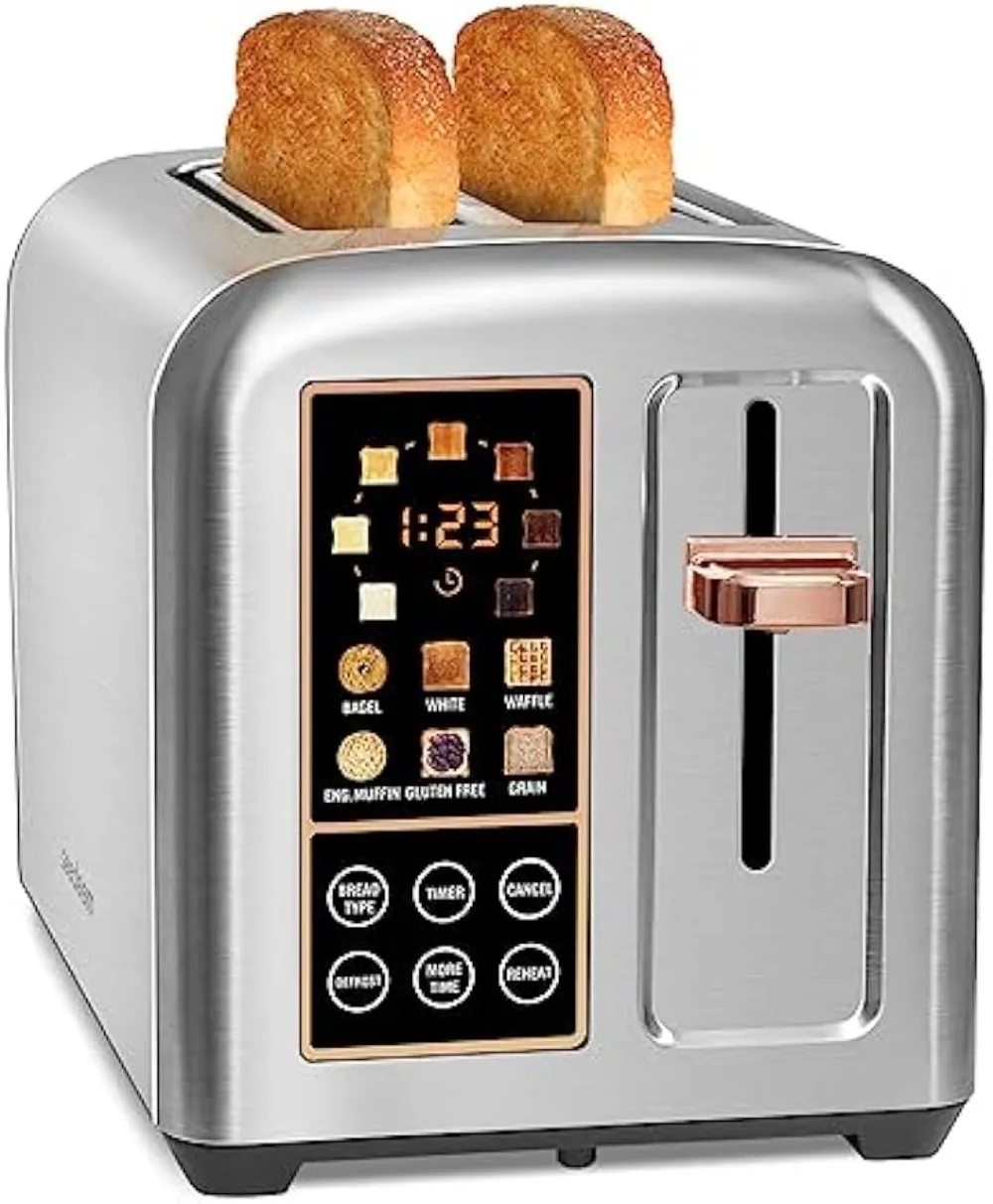 

Тостер с 2 ломтиками, тостер для хлеба из нержавеющей стали с сенсорным ЖК-дисплеем, скорость нагрева на 50%, тостер с очень широкими слотами 1,4 дюйма