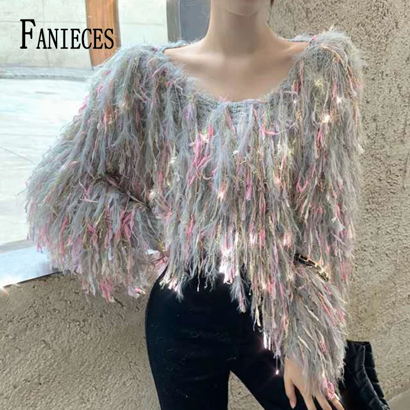 

FANIECES suéter Pullovers Tassels Fringed Sweater Tops Women Autumn O Neck Long Sleeve Plush Fluffy Party Club Knitted البلوفرات