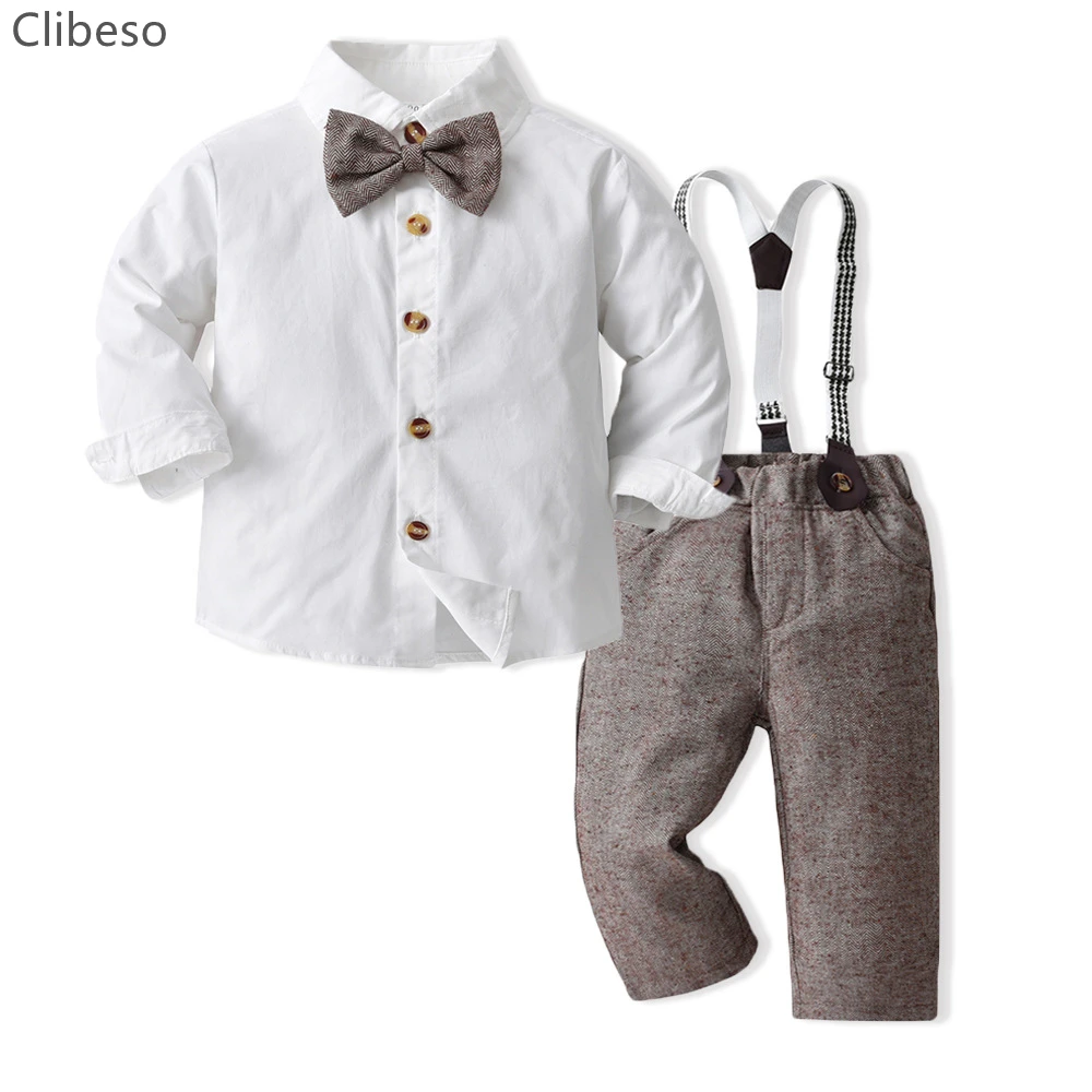 

Children Gentleman Suit Toddler Boy Spring Fashion 2Pcs Set Enfant Birthday Wedding Formal Wear Long Sleeve Shirt Overalls Pants