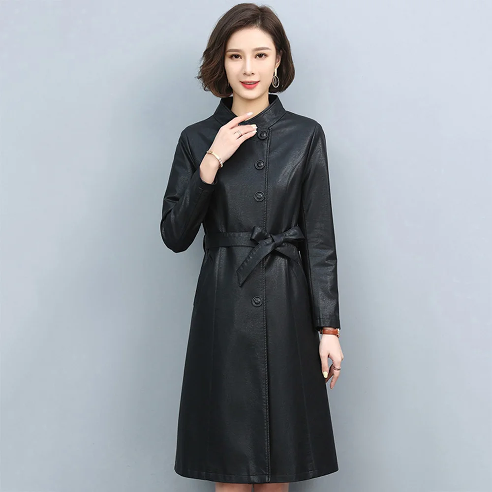 Women Stand Collar New Leather Coat Autumn Winter 2023 Casual Fashion Single Breasted Loose Slim Waist Split Leather Trench Coat