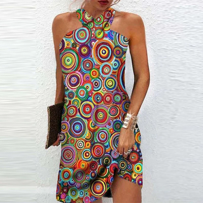 

Casual Women Pleated Short Dress New Chic Graphic Printed Slim Vintage Dress Elegant Female Off Shoulder Halter Dresses 2023