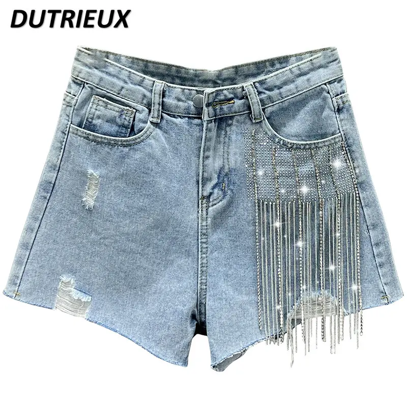 Women's Denim Shorts Fashionable 2023 New High Waist Slimming Diamond-Embedded Ripped Shorts Wide Leg Pants Fashion Hot Pants
