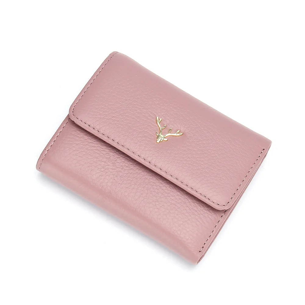 2022 new fashion short leather wallet women's three fold head layer cowhide simple small folding thin multi card position |