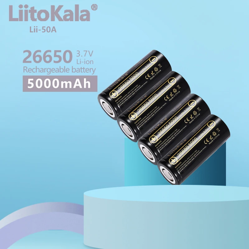 

4PCS LiitoKala Lii-50A High Capacity 100% Original 26650 3.7V 5000mAh 20A Power Li-ion Battery 26650A, Electric battery pacck