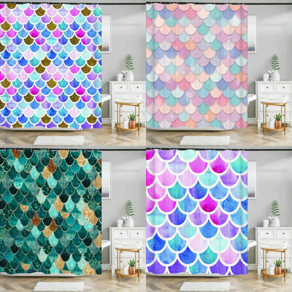 

Nordic Shower Curtain Cartoon Pink Geometric Fish Scale Printed Waterproof Bath Curtains Bathroom Decoration For Bathtub Curtain