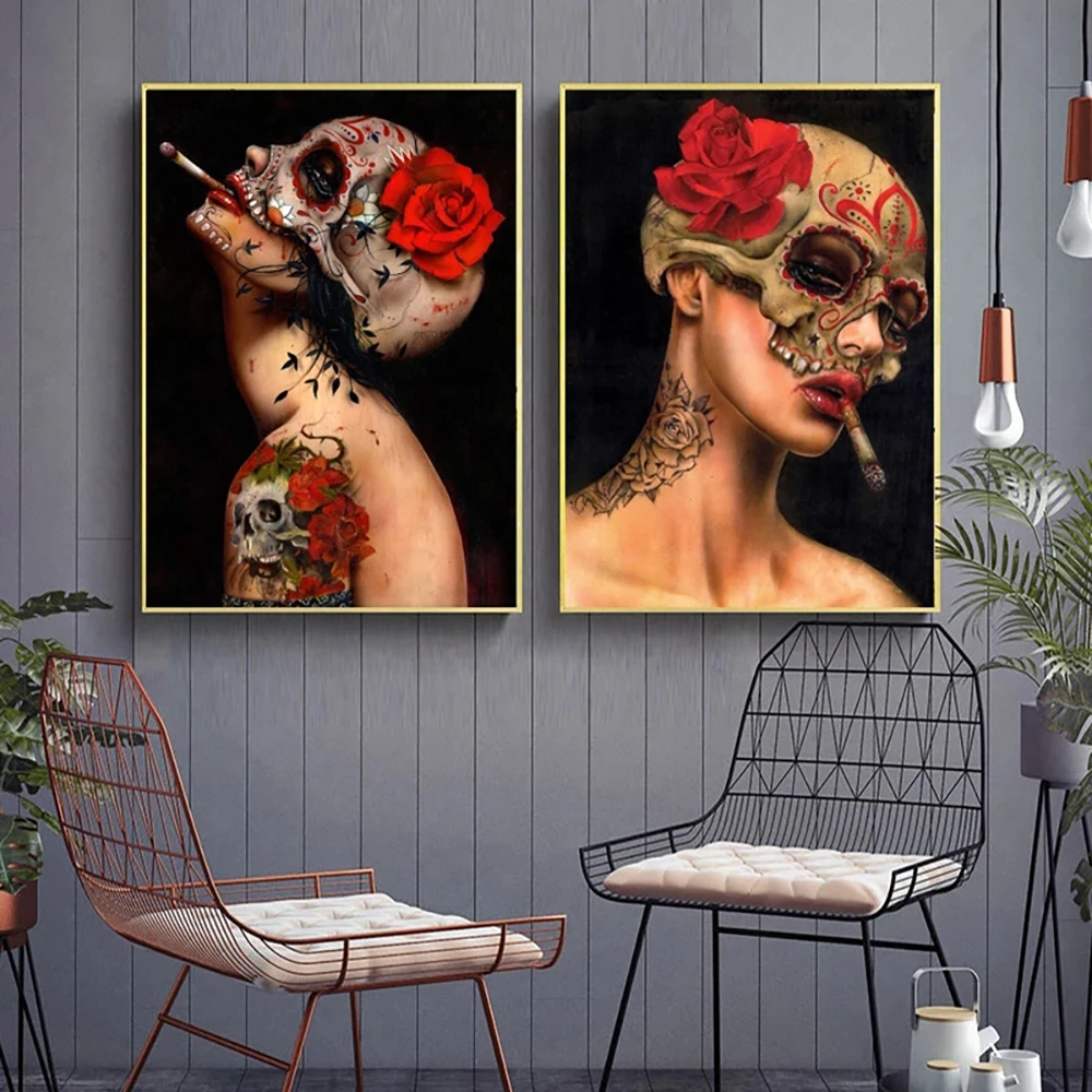 

Sexy Smoking Skull Nude Girl Poster With Floral Tattoo Abstract Canvas Painting Print Living Room Decor Wall Picture Frameless