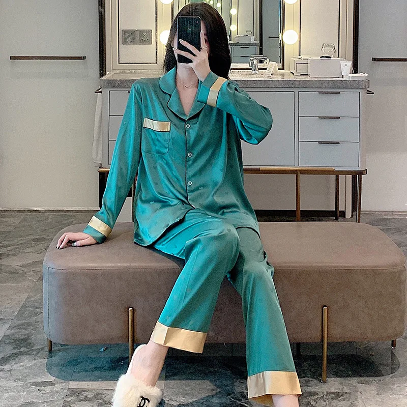 QWEEK Satin Designer Clothes Women Luxury Sleepwear Cardigan Pajama Summer 2 Piece Set Trouser Suits Green Golden Nightie