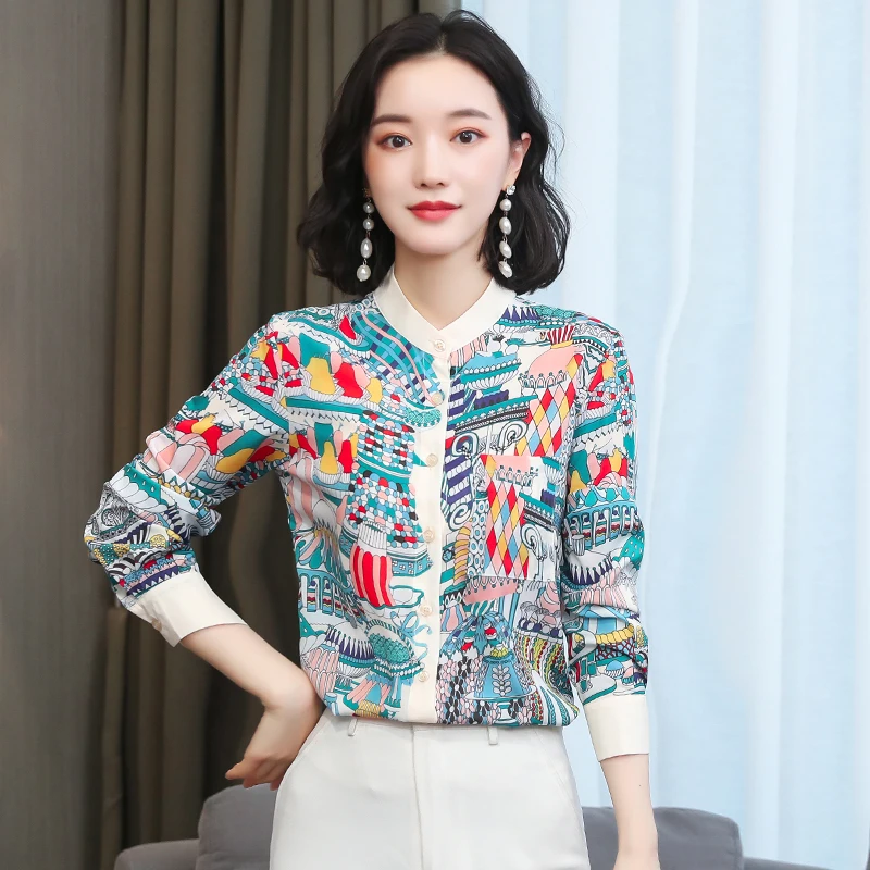 

Summer Autumn New Women's Blouse O-neck Long Sleeve Shirt Splicing Printing Chiffon Top Casual Fashion Loose Clothing Houthion