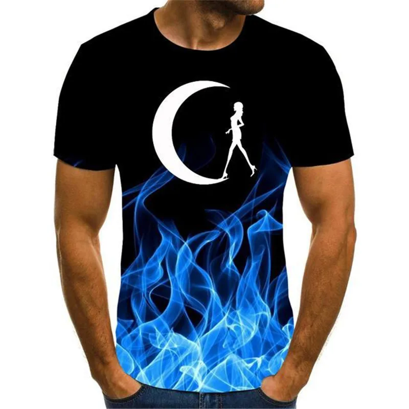 

Мужские футболки с принтом пламени Tie-dye, новая уличная одежда с коротким рукавом, футболка с 3D рисунком Луны, повседневные мужские футболки ...