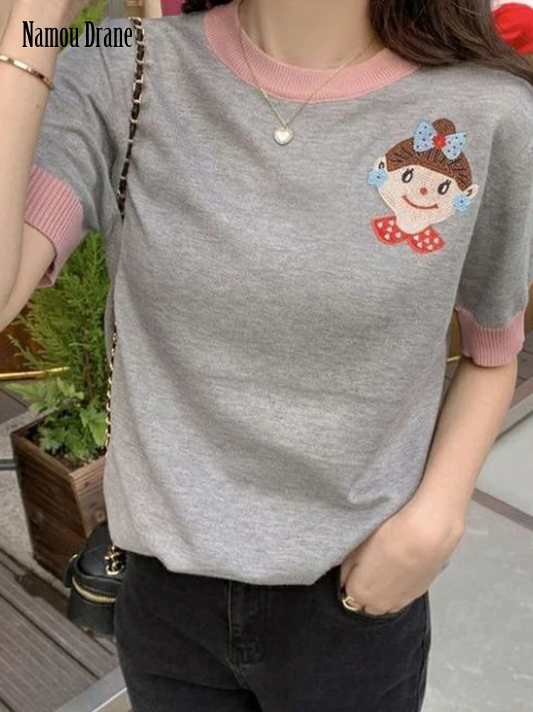 

Серый свитер с коротким рукавом Namou Drane, Женская Весенняя Новинка 2022, свободная и нежная одежда в стиле ретро, шикарный вязаный Топ, футболка ...