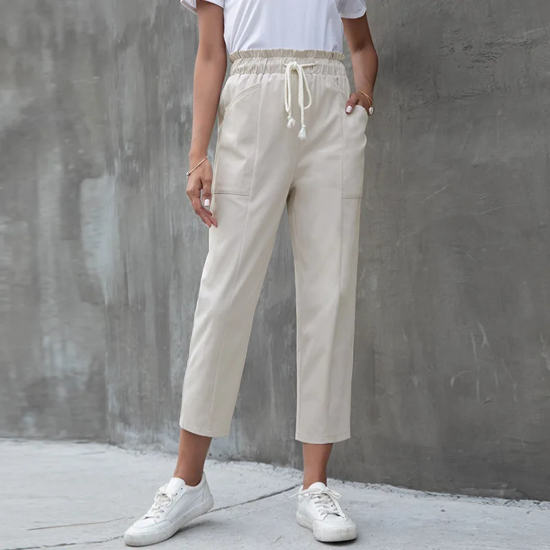 

Spring Summer High Waist Stretchy Drawstring Long Pants Women New Solid Casual Straight Pochet Office Lady Trousers Female XXL