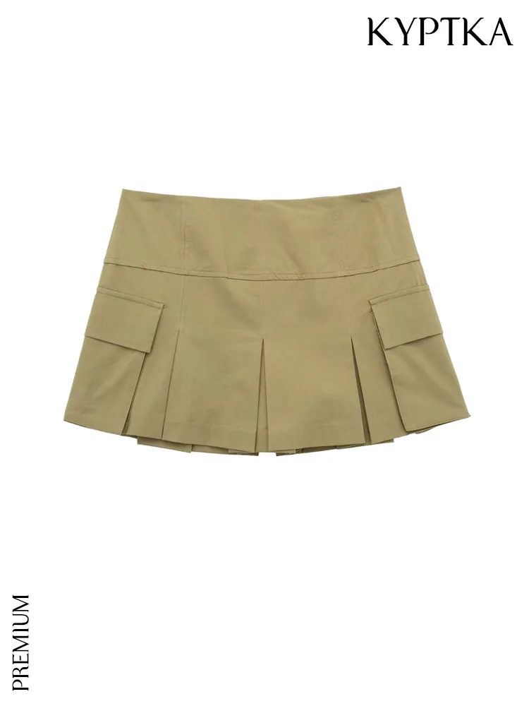 

KYPTKA Women Fashion Patch Pockets Pleated Shorts Skirts Vintage High Waist Back Zipper Female Skort Mujer