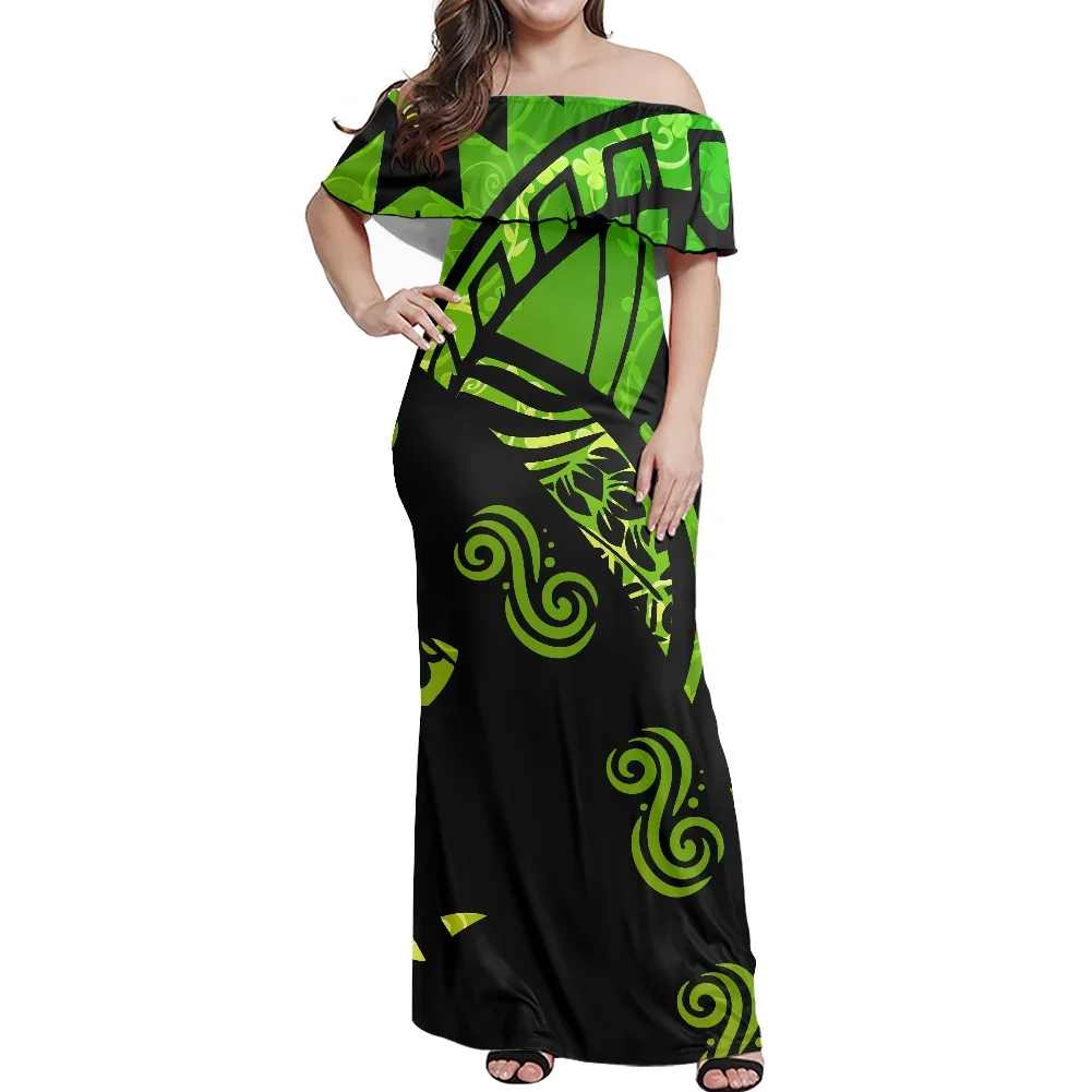 

Elegant Women Banquet Clothing Polynesian Tribal Pattern Green Print Dress Summer Off The Shoulder Plus Size Sexy Buttocks Dress