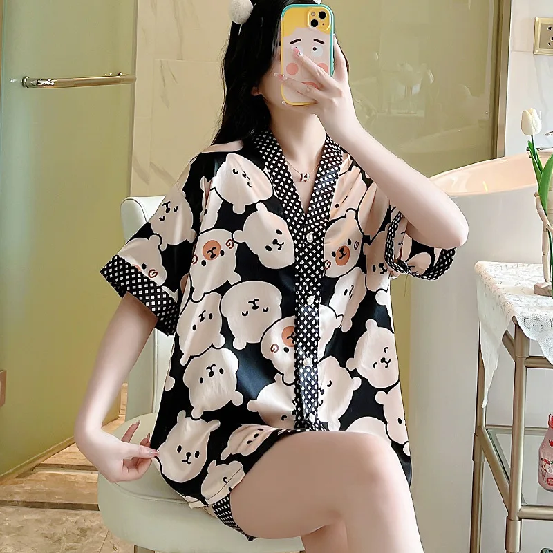 New style pajamas women's ice silk V-neck cardigan, short-sleeved shorts suit, oversized household clothes women