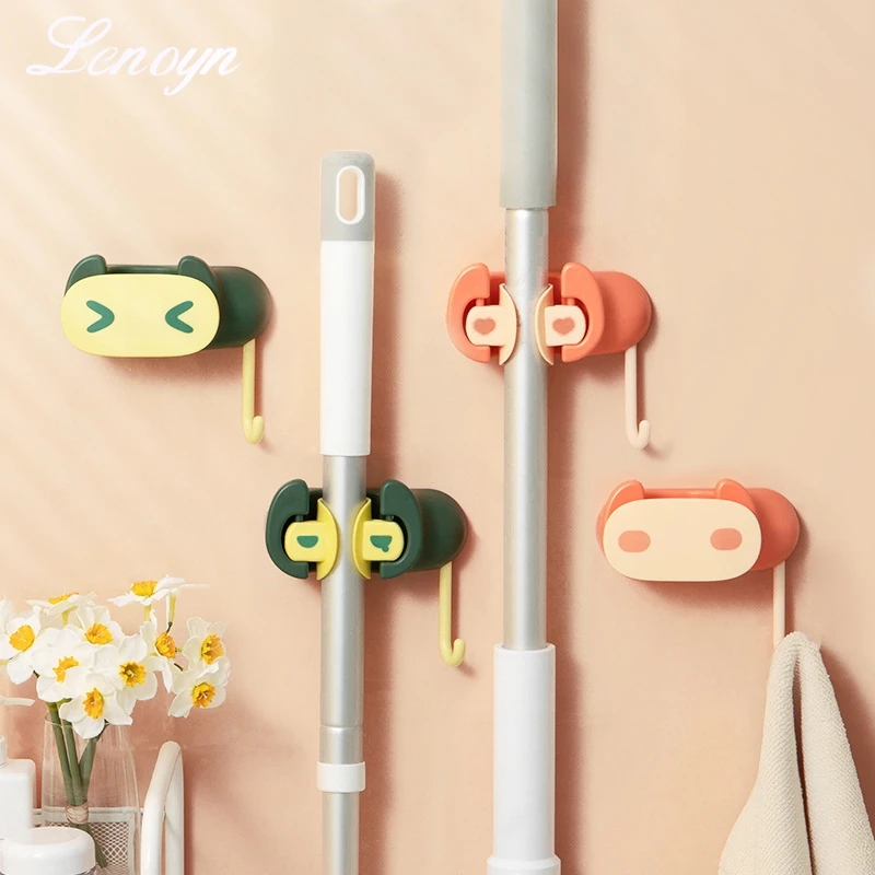 

Lenoyn 2023 New Mop Holder Wall Mounted Bathroom Storage Rack Hook Self-adhesive Hanger Brush Broom Handle Clip Household Items