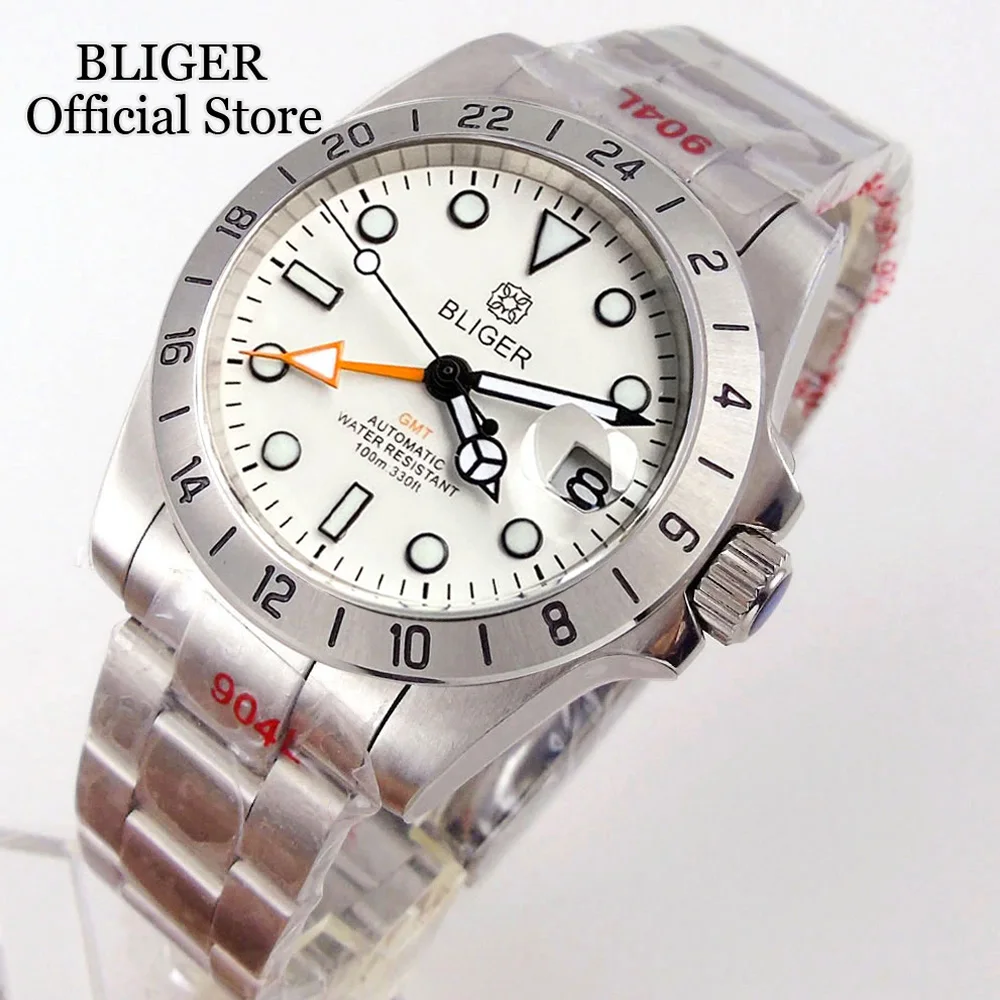 Мужские механические часы BLIGER NH34 GMT с белым циферблатом и сапфировым стеклом