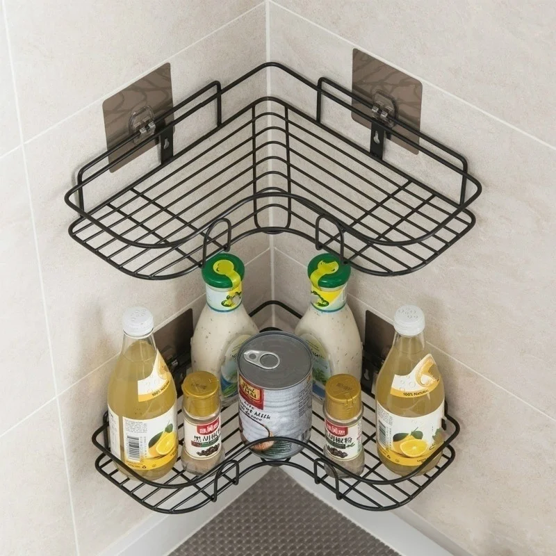 

Bathroom Corner Shelf Storage Kitchen Triangle Iron Wall Hanger Household Supplies Black