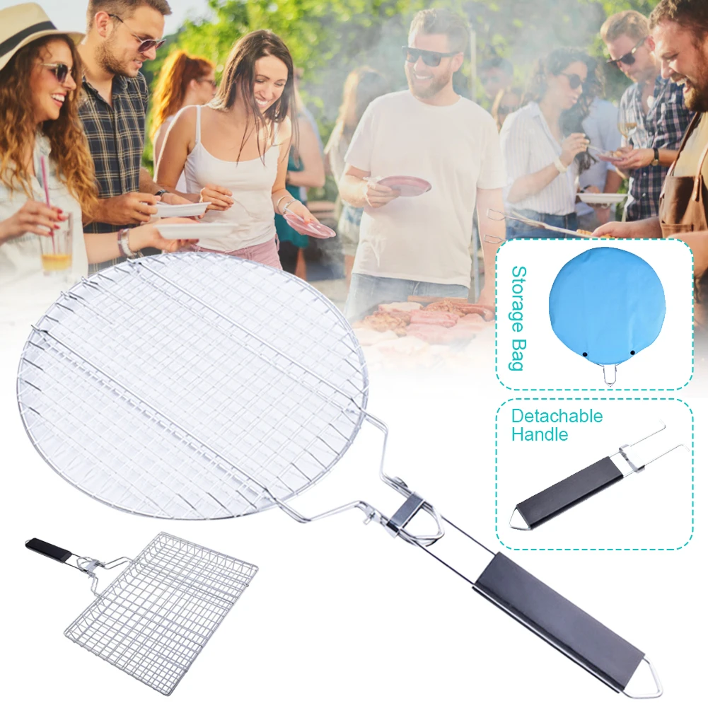 

Grilling Basket With Detachable Handle Stainless Steel Thickened BBQ Grill Basket For Fish Meat Vegetable Camping Accessories