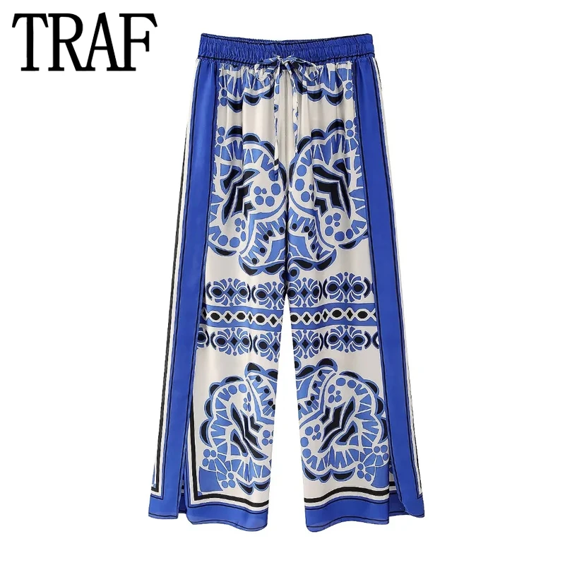 

TRAF Blue Print Wide Leg Pants Women Pyjama Women Pants Sets Mid-Waist Split Woman Trousers Summer Casual Baggy Pants