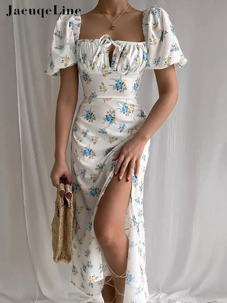Jacqueline 2022 Puff Sleeve Midi Floral Dress Women Retro Elegant Sexy Split Sundress Casual Ruched Drawstring Dresses Summer