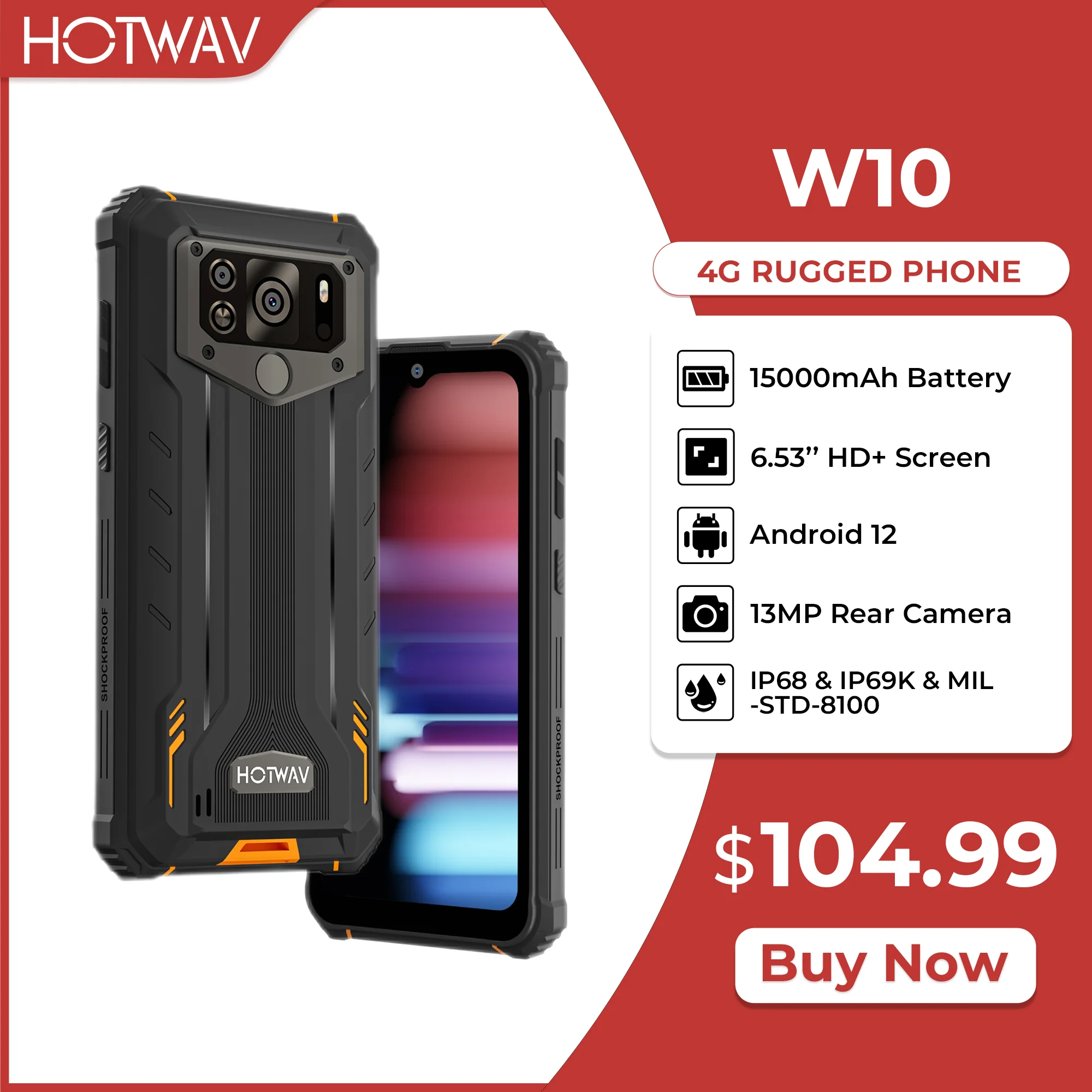 HOTWAV Rugged Large Battery Smartphone Android 12 Mobile Phone 13 MP Camera Cellphone W10 IP68 IP69K 6.53'' HD+ 4GB 32GB