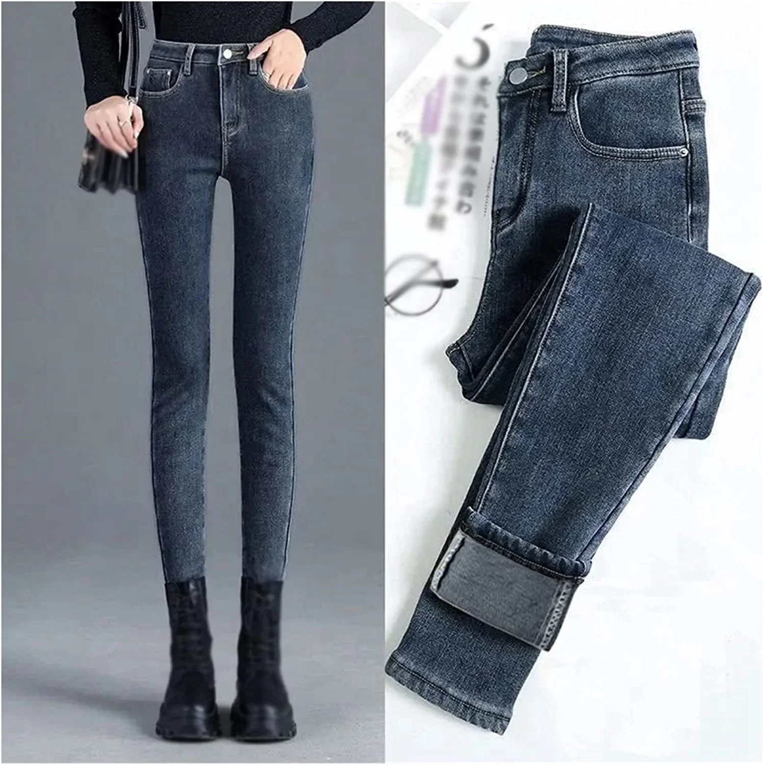 2022 Womens Jeans，High Waist Washed Skinny Denim Pants，Lined Slim Stretch  Jeggings， high Elastic Trousers