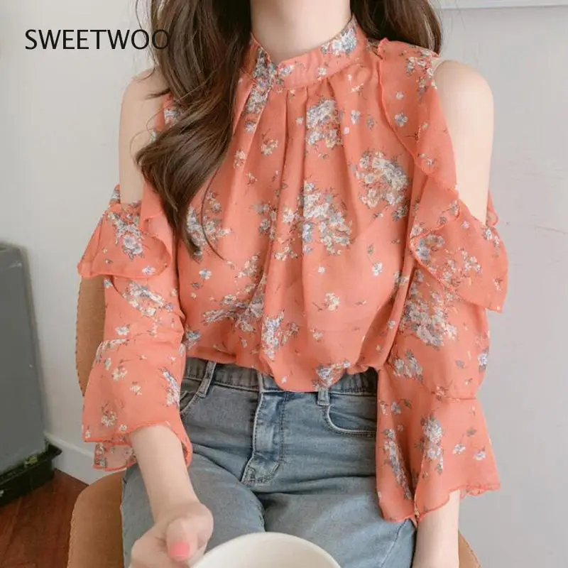 

2022 New Sexy Flower Print Long Sleeve Chiffon Shirt for Women Girl Fashion Casual off-the-shoulder Chiffon Blouse Female Tops