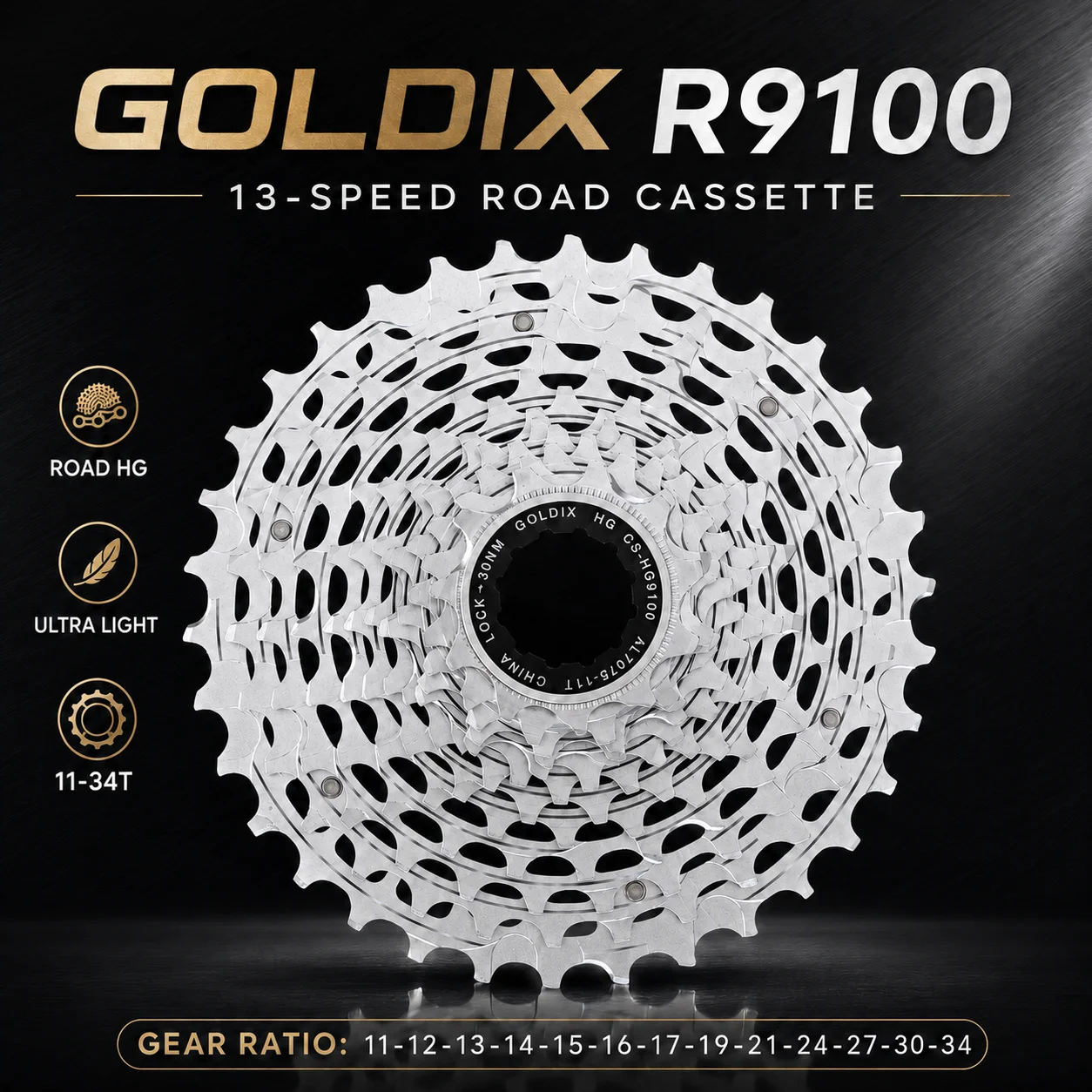 Кассета GOLDIX R9100 13 скоростей для шоссейного велосипеда, 13S 11-34T, сверхлегкая, полностью фрезерованная на ЧПУ, 210 г, цельная стальная звездочка, для втулки HG (art.: 3920dc232b8ae) - 3920dc232b8ae