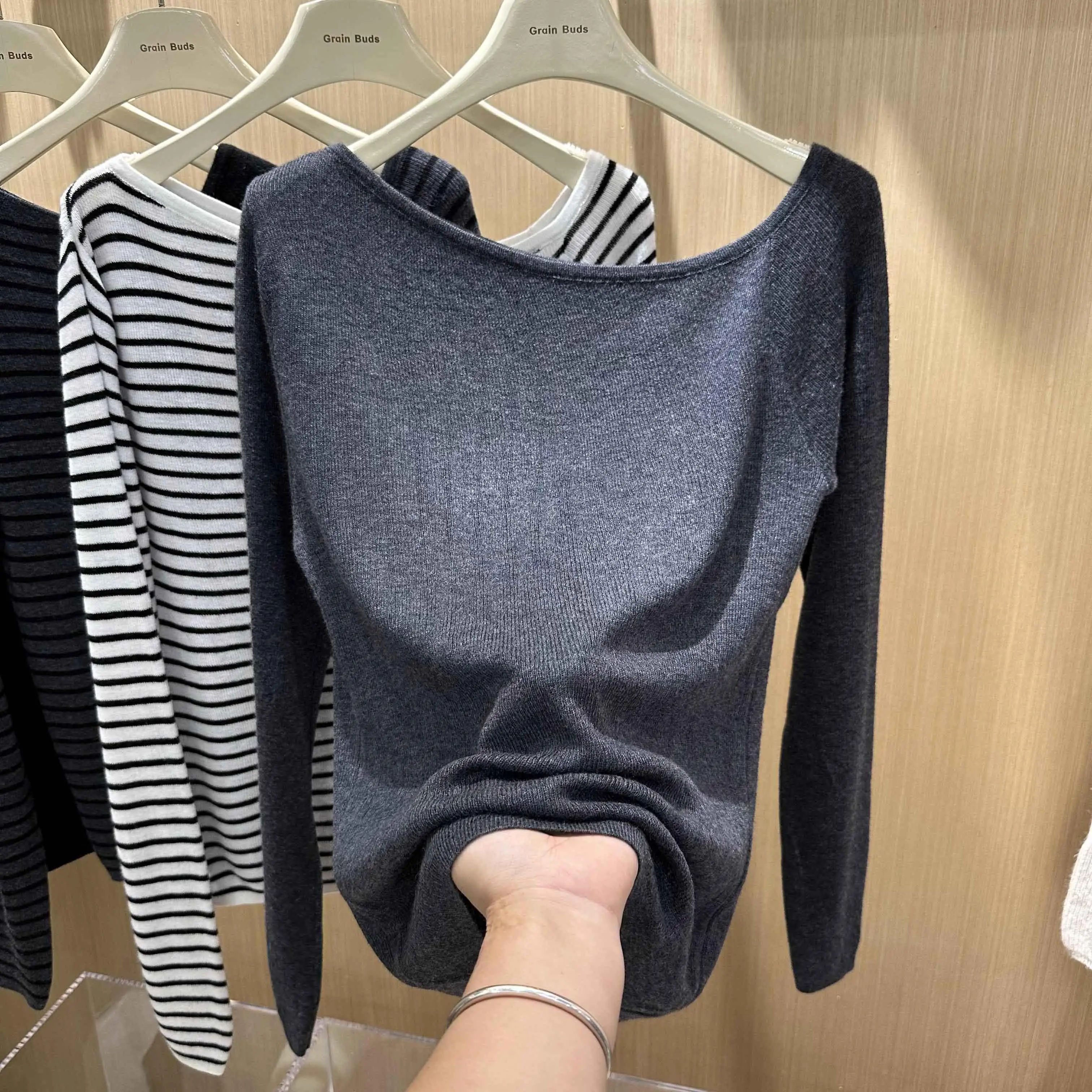 2024 Autumn New One-Word Oblique Collar Striped Knitted Bottoming Shirt Women's Long Sleeve Western Sle Slim fit Big Neckli...