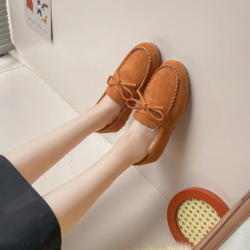 Winter Women Casual Flat Shoes Moccasins Soft Loafers Women's Comfort Warm Plush Bow Slip on Female Cotton Shoes