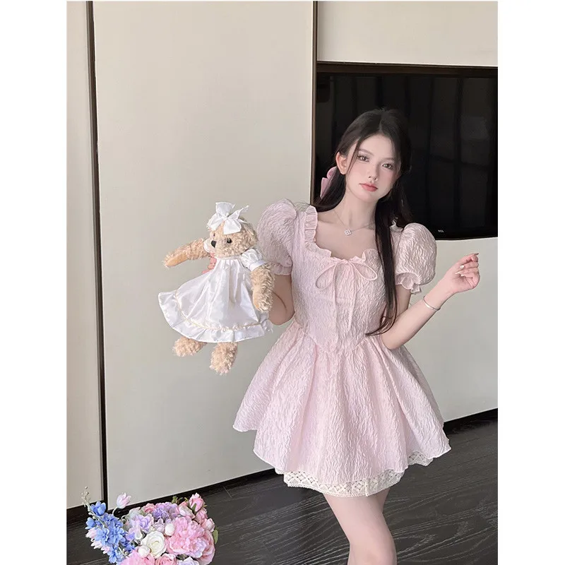 

French Girls Palace Princess Pink Mini Doll Dress Square Collar Puff Sleeve Little Ball Gown Dress New Summer White Party Dress