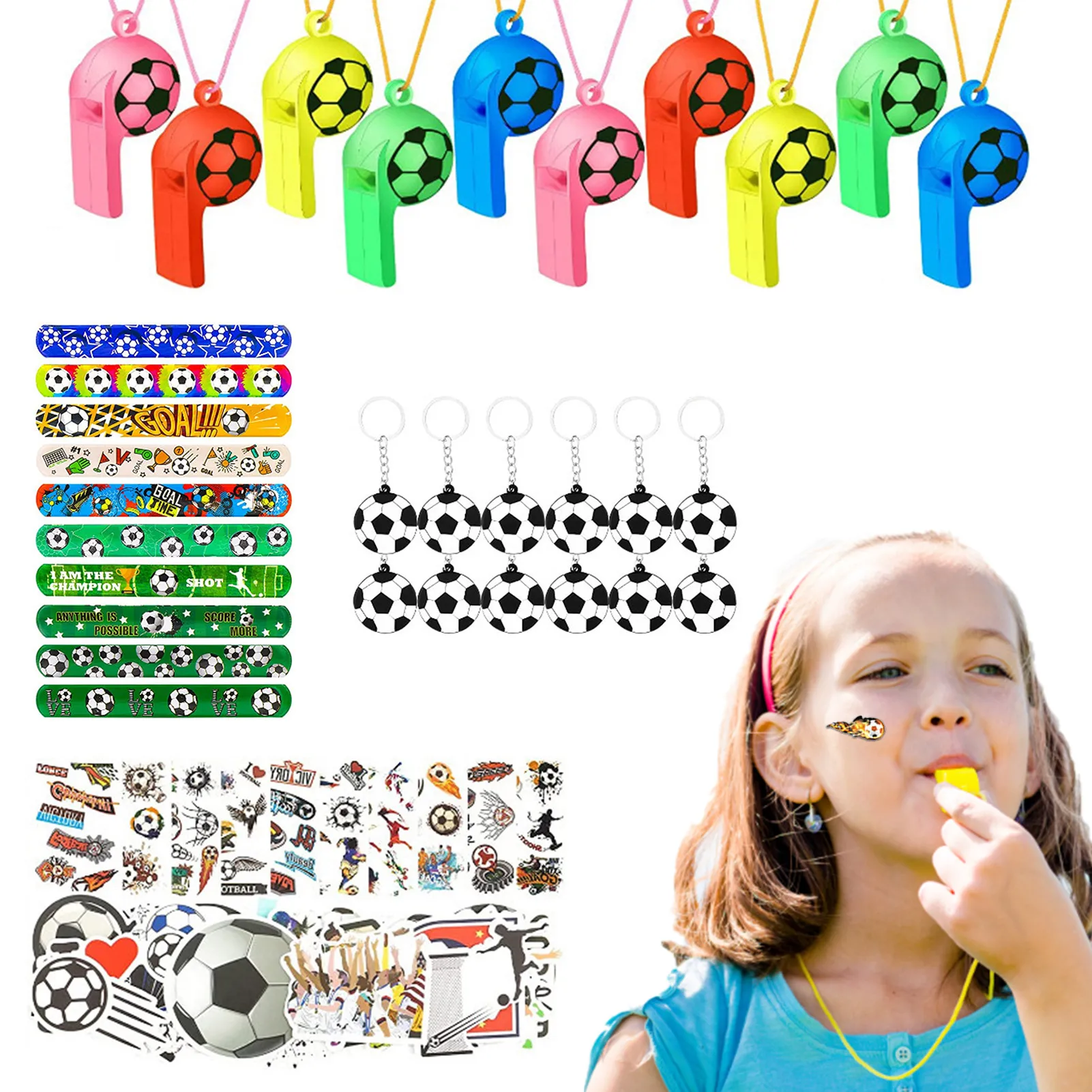 

96pcs Soccer Party Favors Set Soccer Theme Party Supplies Soccer Toys DIY Key Rings Stickers Rings Cheer Set For Football Party