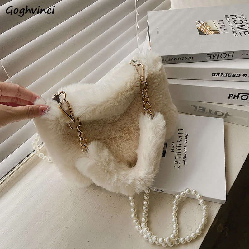 

Winter Plush Pearl Shoulder Bags Women Temperament Underarm Chain Handbags OL Large Capacity Zipper Square Crossbody All-match