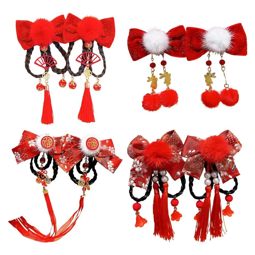 

Chinese Style Children's Headband New Year Hair Accessories Girls Wig Braids Headband Hair Ball Tassel Hairpin Hanfu Headjewelry