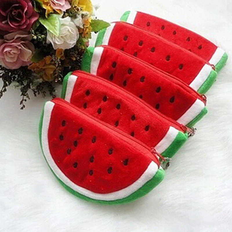 

Plush Red Watermelon Coin Purses Fruit Wallet Big Volume Cute School Kids Pen Pencil Bag Case Popular Coin Bags