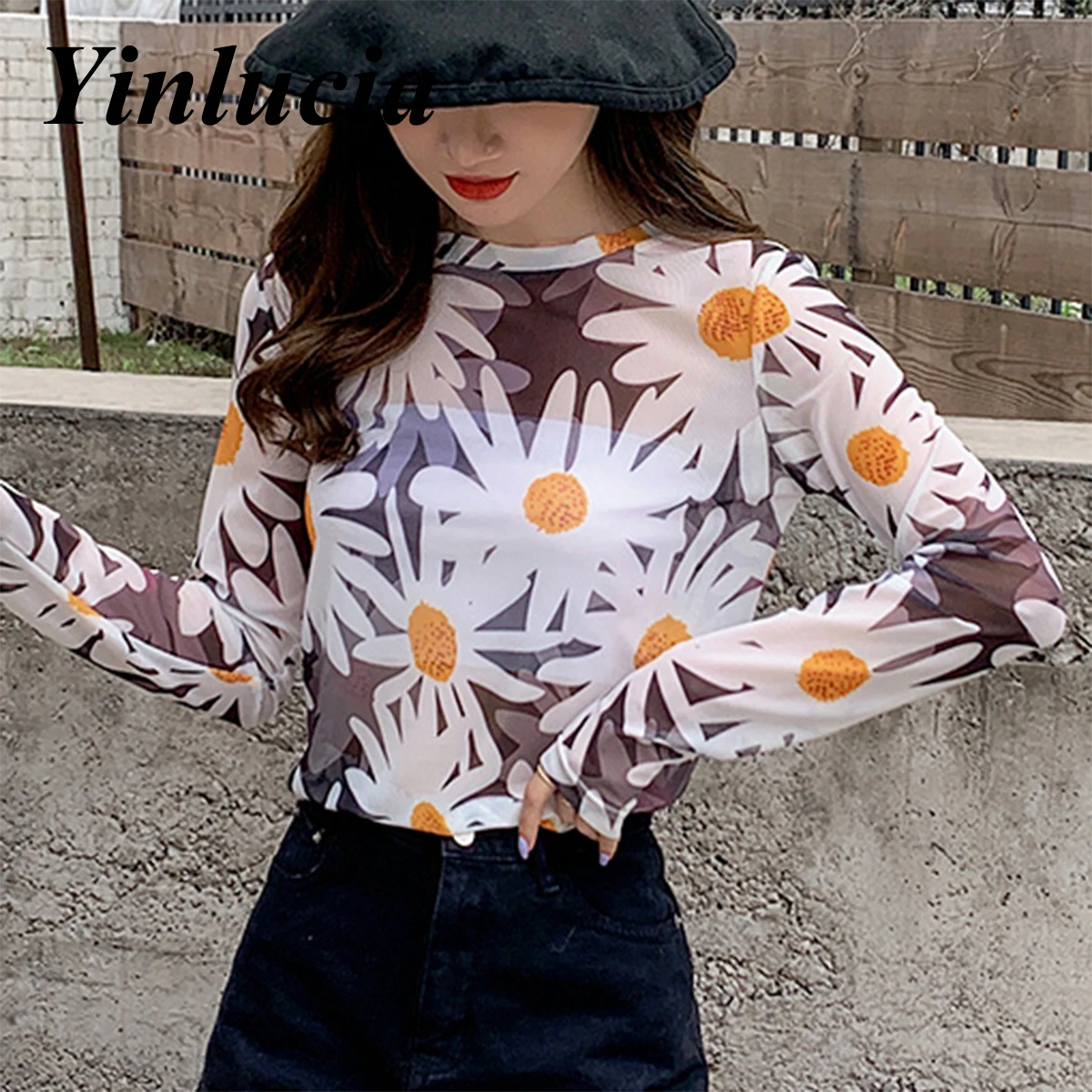 

Tops Women Blouses Sexy Mesh Sunscreen Shirt Tie Daisy Transparent Blouse Hot Babes Pullover Y2K Street Wear Multiple Colors