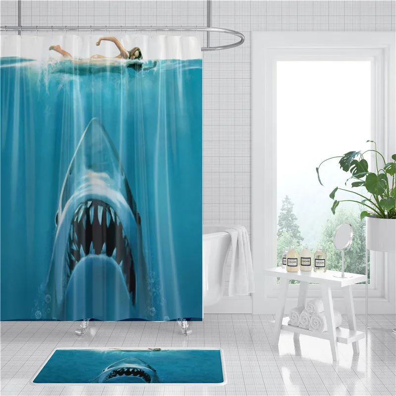 

Jaw Movie Jaws Great White Shark Shower Curtain Set with Grommets and 12 Hooks Bath Mat Rug for Bathroom Decor