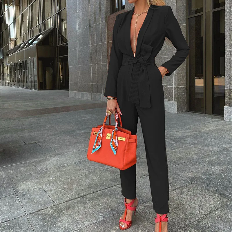 Women Open Front Blazer Top +Pant Fall 2 Piece Sexy Club Outfits Solid Tie Front Blazer & Pants Set Orange Pants Suit Streetwear images - 6